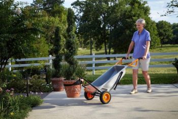 Women in blue outfit pushing aerocart wheelbarrow carrying large plant