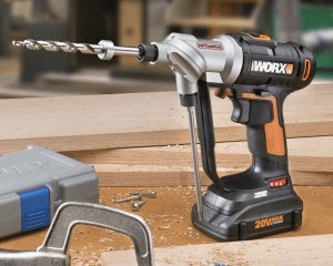 worx switch drill driver sitting on wood table