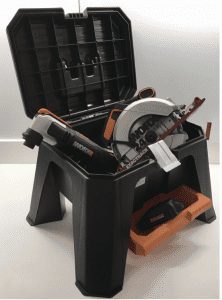 worx storage step stool open with lots of power tools inside