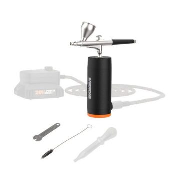 makerx air brush in front of white background with hub attached and three accessories laying flat