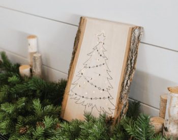 christmas tree on wooden block leaning on wall