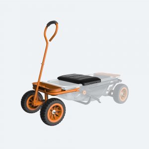 graphic showing Worx Aerocart gardent seat attachment to transform Aerocart into a garden cart with a seat