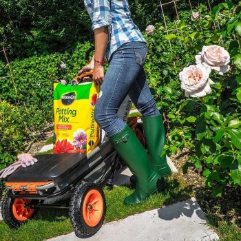 woman using Worx Aerocart farden cart with seat for planting flowers