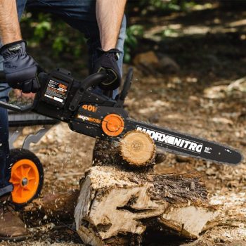 Man using cutting saw to cut tree over stump in the woods