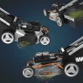 Three versions of battery operated lawn mower - showing you can mulch, bag, and go out the side
