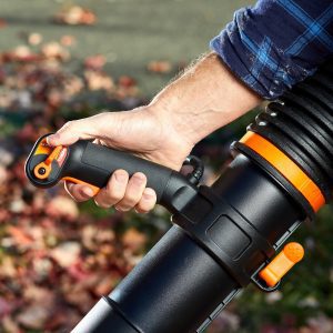 hand throttling leaf blower in front of leafs