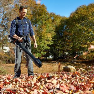 using backpack blower to blow leafs 