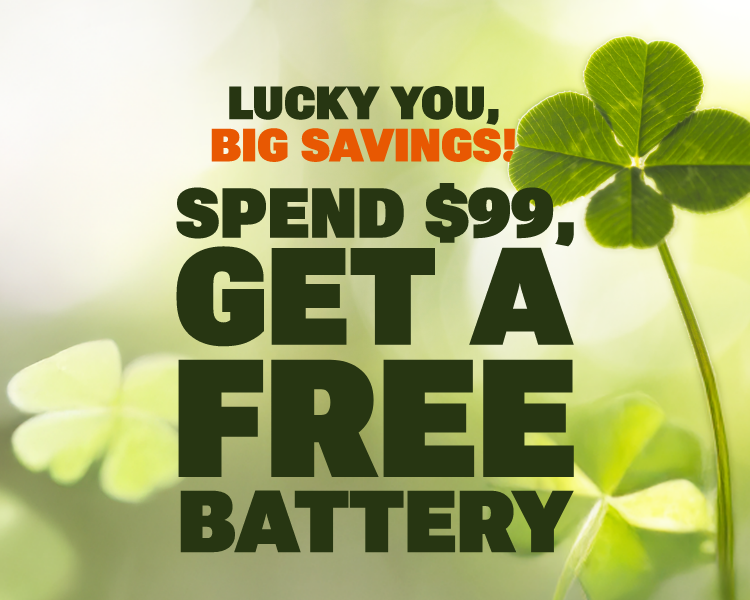 St. Patrick's Day Savings. Free battery on orders over $99. Ends Mar 19. Shop now!