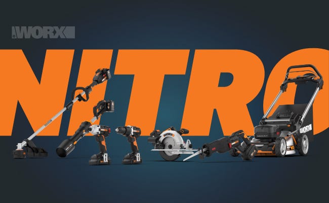 graphic showing several Worx Nitro lawn, garden and power tools