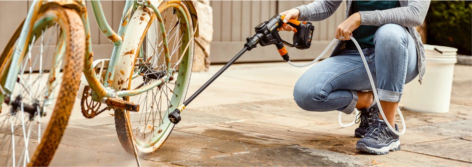 WORX Power Share Portable Power Hydroshot Cleaning Dirty Bike