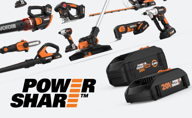 Worx Power Share Tools graphic showing Worx blower, trimmer, mower batteries, power saw, jigsaw, drill and driver in front of black background