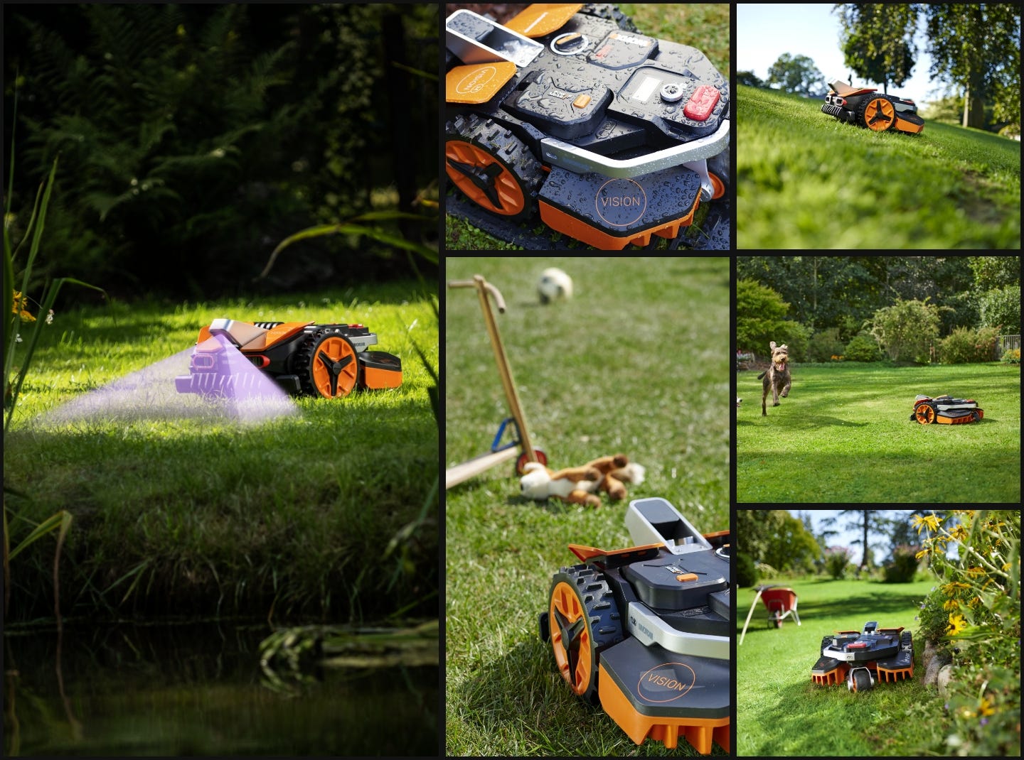 multiple images blendeded together of the landroid vision cutting in the yard