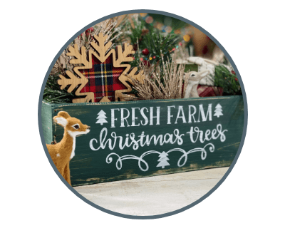 makerx fresh farm project wooden sign next to reindeer