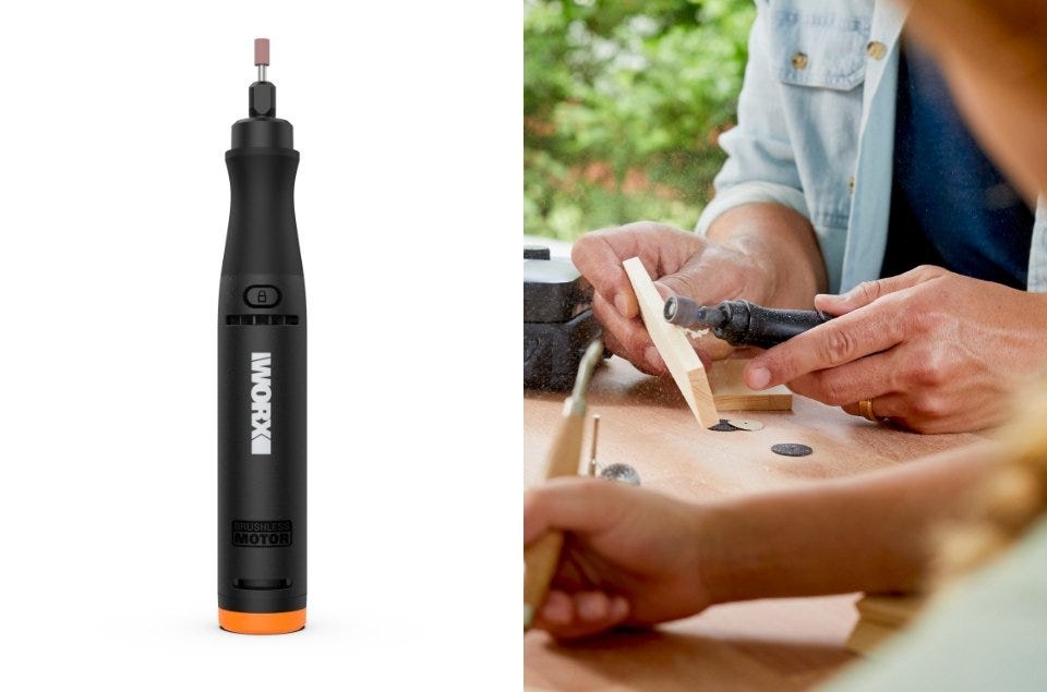 Rotary tool on white background and rotary tool sanding down small wood piece