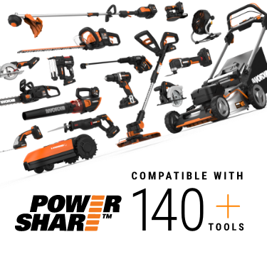 graphic showing that Power Share and Power Share Pro batteries are compatible with over 75 Worx tools including lawn mowers, robotic mowers, trimmers, saws, drills, blowers and more