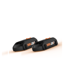 two Worx 20V power share batteries in front of white background