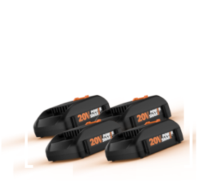 four Worx 20V power share batteries in front of white background