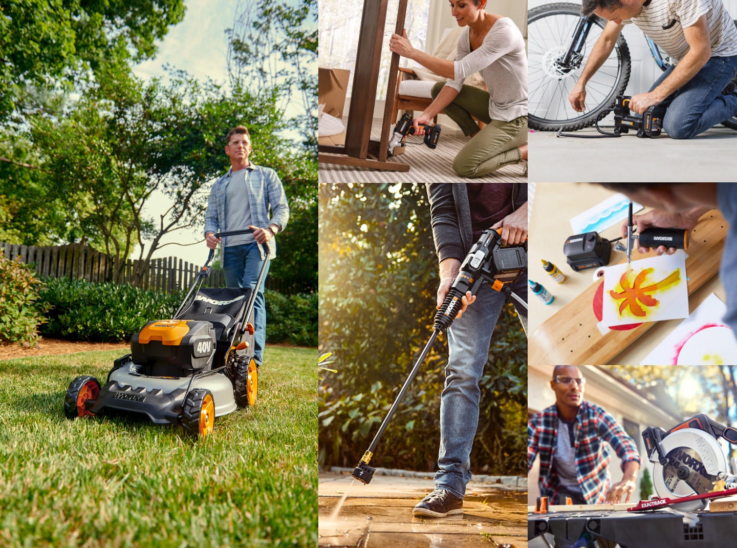 collage of 6 images showing people using Worx Power Share tools