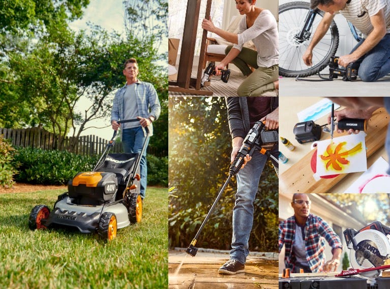 collage of 6 images showing people using Worx Power Share tools