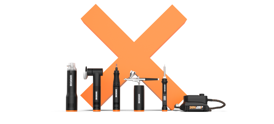 Hot air gun, rotary tool, grinder, air brush, and metal wood grinder standing up in front of large orange X and white background