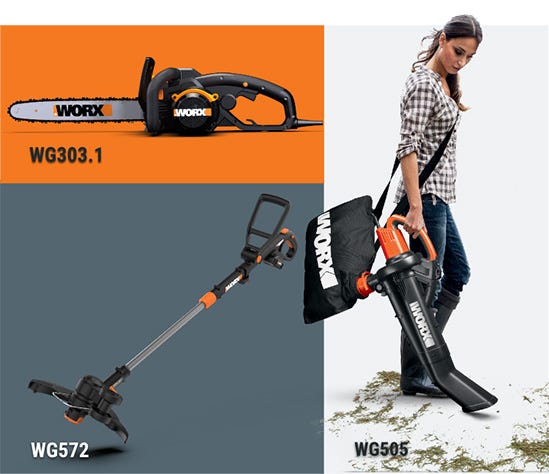 graphic showing multiple fall cleanup tools, including chainsaw, backpack leaf blower, and woman using leaf blower/vacuum/mulcher