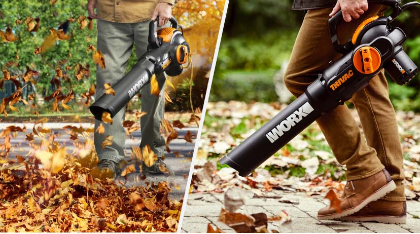 two side by side images of person using worx trivac to blow leaves off of brick patio linking to Worx Trivac product page