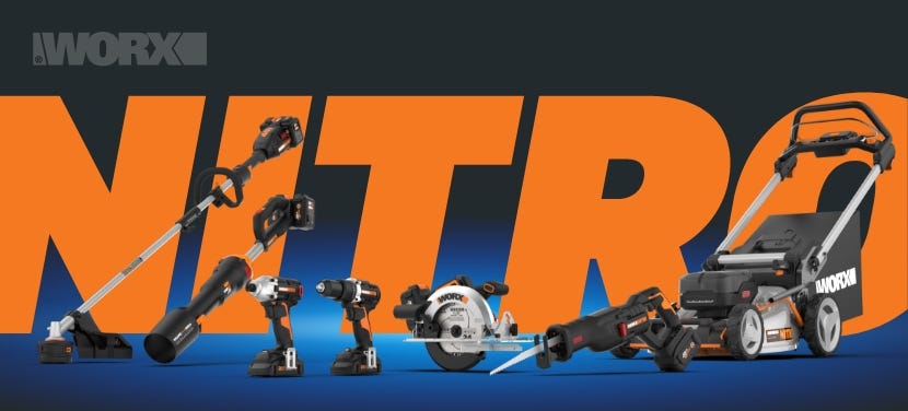 nitro text and tools large nitro orange text with worx nitro tools in front, including string trimmer, leaf jet blower, drill, driver, circular saw, reciprocating saw, and lawn mower