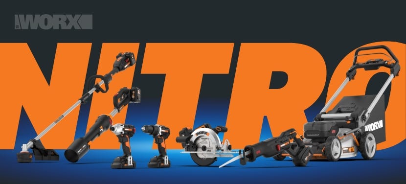 large nitro orange text with worx nitro tools in front, including string trimmer, leaf jet blower, drill, driver, circular saw, reciprocating saw, and lawn mower