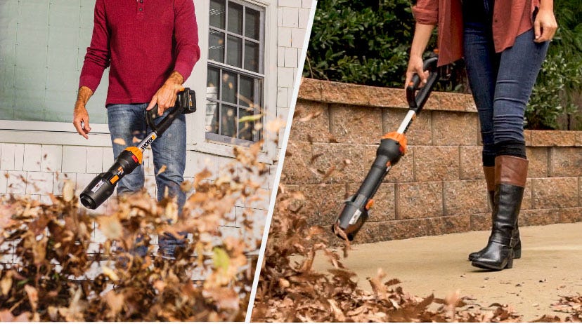 two side by side images of person using worx leafjet to blow leaves off of brick patio linking to Worx leafjet product page