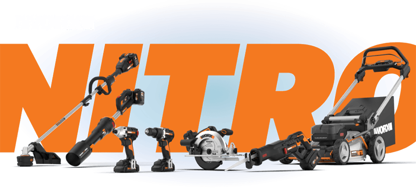 nitro text and tools large nitro orange text with worx nitro tools in front, including string trimmer, leaf jet blower, drill, driver, circular saw, reciprocating saw, and lawn mower