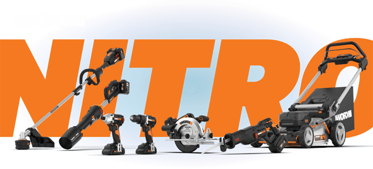 large nitro orange text with worx nitro tools in front, including string trimmer, leaf jet blower, drill, driver, circular saw, reciprocating saw, and lawn mower