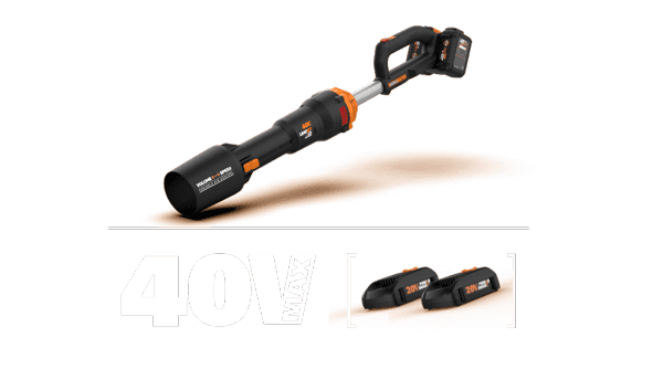 Worx LeafJet with two 20V Power Share batteries for 40V of power in front of white background