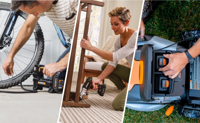 photo split into three sections with person inflating bike tire on left, woman using drill to put together table in middle, person inserting battery into lawn mower on right