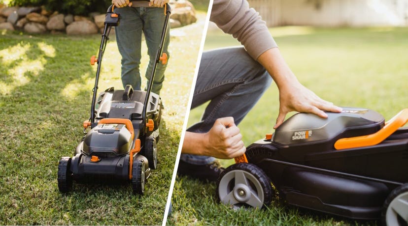 two side by side images of person using Worx cordless lawn mower to mow lawn, and person adjusting the mowing height on a Worx cordless lawn mower