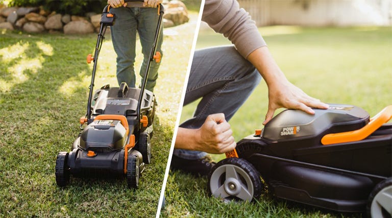 two side by side images of person using Worx cordless lawn mower to mow lawn, and person adjusting the mowing height on a Worx cordless lawn mower