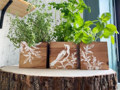 wooden table stand with embossed wood blocks and plants