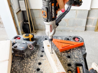 using worx drill to drill holed into top of wood