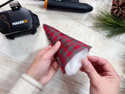 wrapping skewer tree with plaid fabric