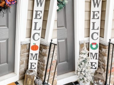 welcome sign with pumpkin and wreath as O next to door on front porch side by side