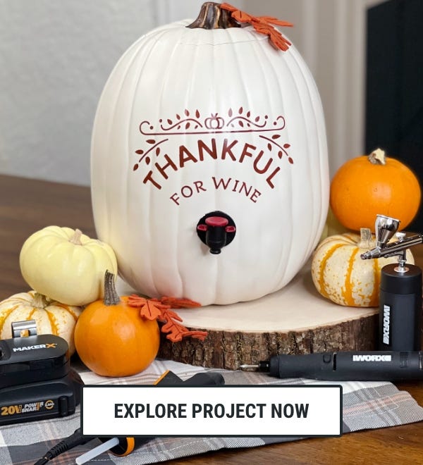 clickable image of a wine dispenser inside of a pumpkin which links to the step-by-step instructions for how to complete the project