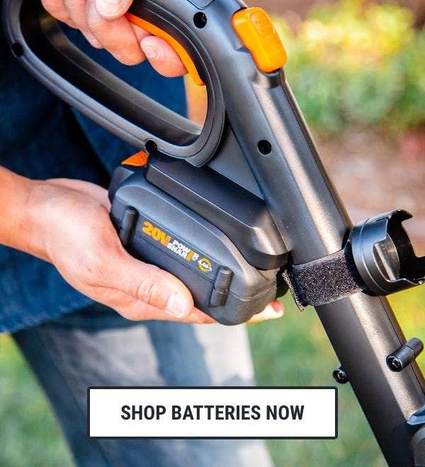 clickable image of person attaching Power Share battery to a Worx tool which links to the product listing page where Power Share batteries can be browsed
