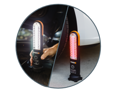 work light shown both ways: as the flashlight and as the red emergency light