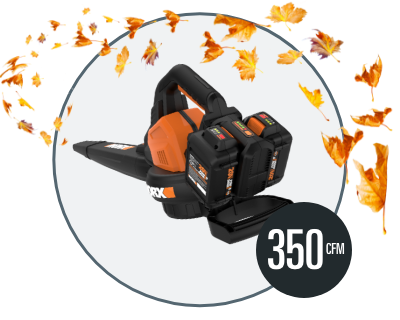 blower on a white background with colored leaves surrounding it and 350 cfm badge