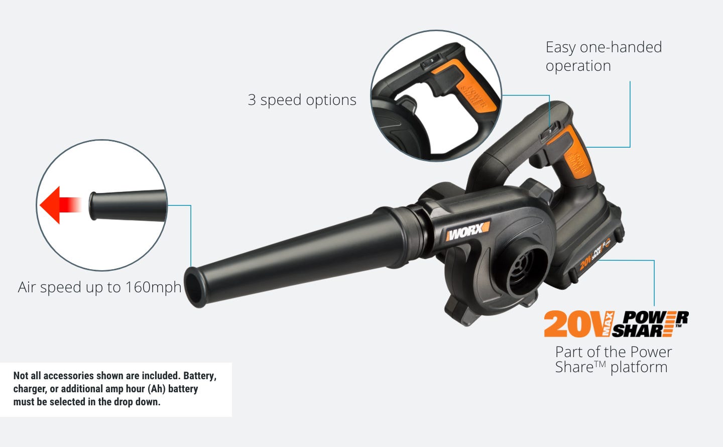 blower featuring: air speed up to 160 MPH, 3 speed options, easy one-handed operation, part of the power share platform