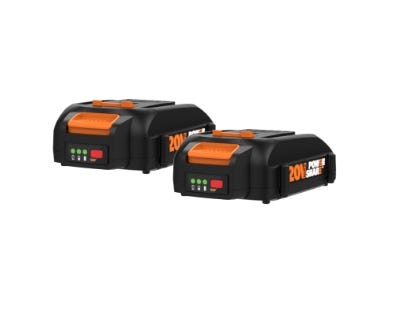 two power share batteries on a white background