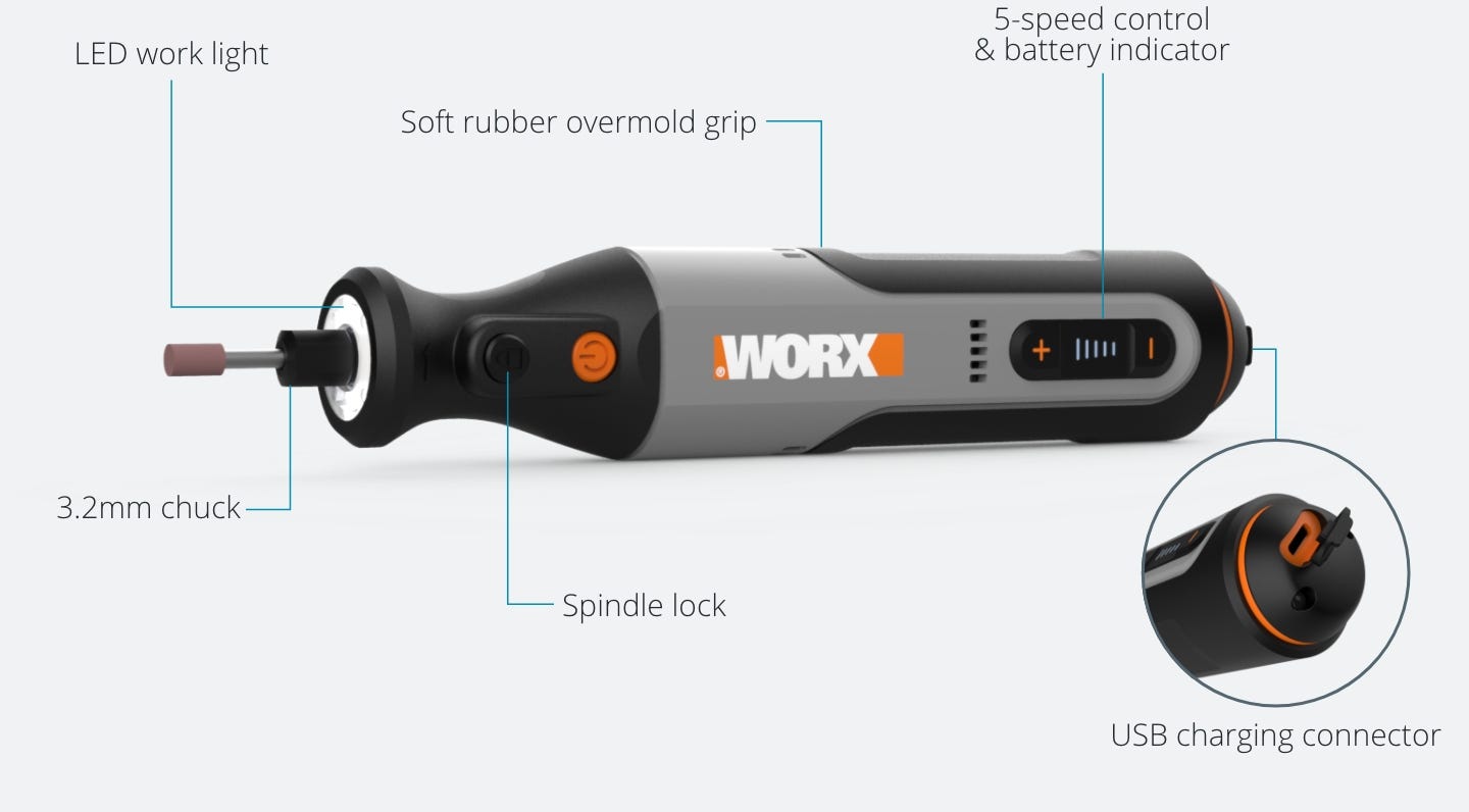 rotary tool featuring: 3.2mm chick, LED work light, soft rubber overmold grip, spindle lock, 5-speed control and battery indicator, usb charging connector