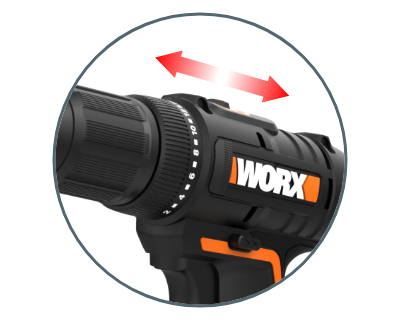 close up of the side of the drill with the Worx logo and a red arrow depiciting multiple speeds