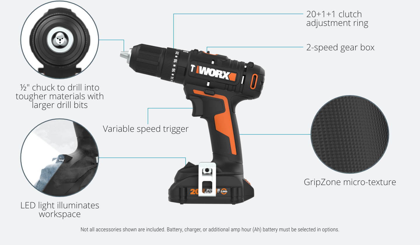 drill featuring: 1/2 inch chuck to drill tougher materials with larger drill bits, LED light, 20+1+1 clutch adjustment ring, variable speed triggger, gripzone micro-texture