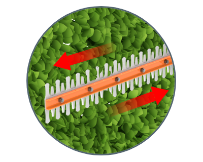 blade shown in front of a green hedge with red arrows