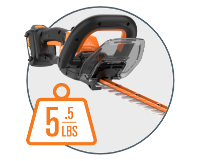 hedge trimmer shown with 5.5 lb badge